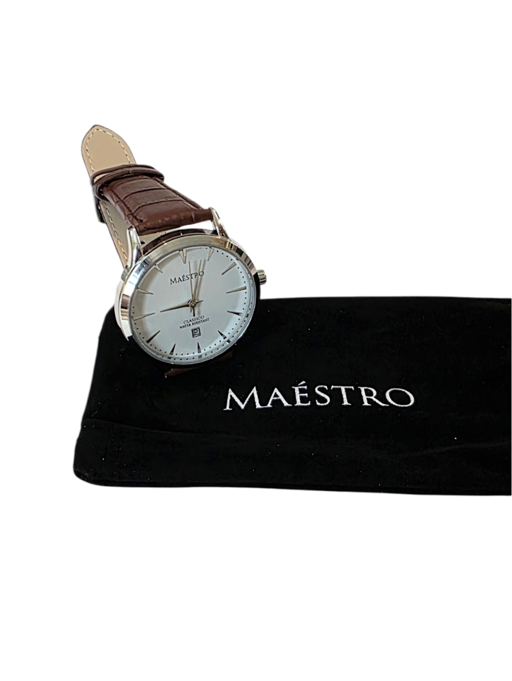 Maéstro Classic Silver Dial Watch with Brown Leather Strap